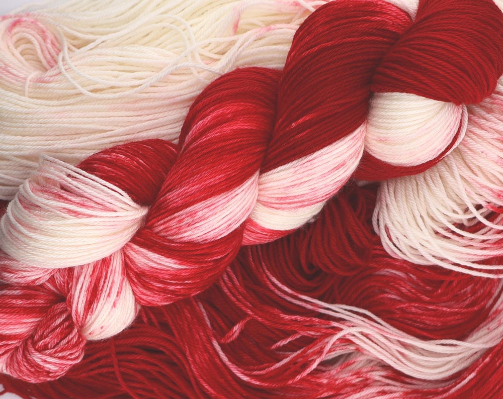 Hand Dyed Variegated Merino Wool Yarn, Peppermint Holiday Colors